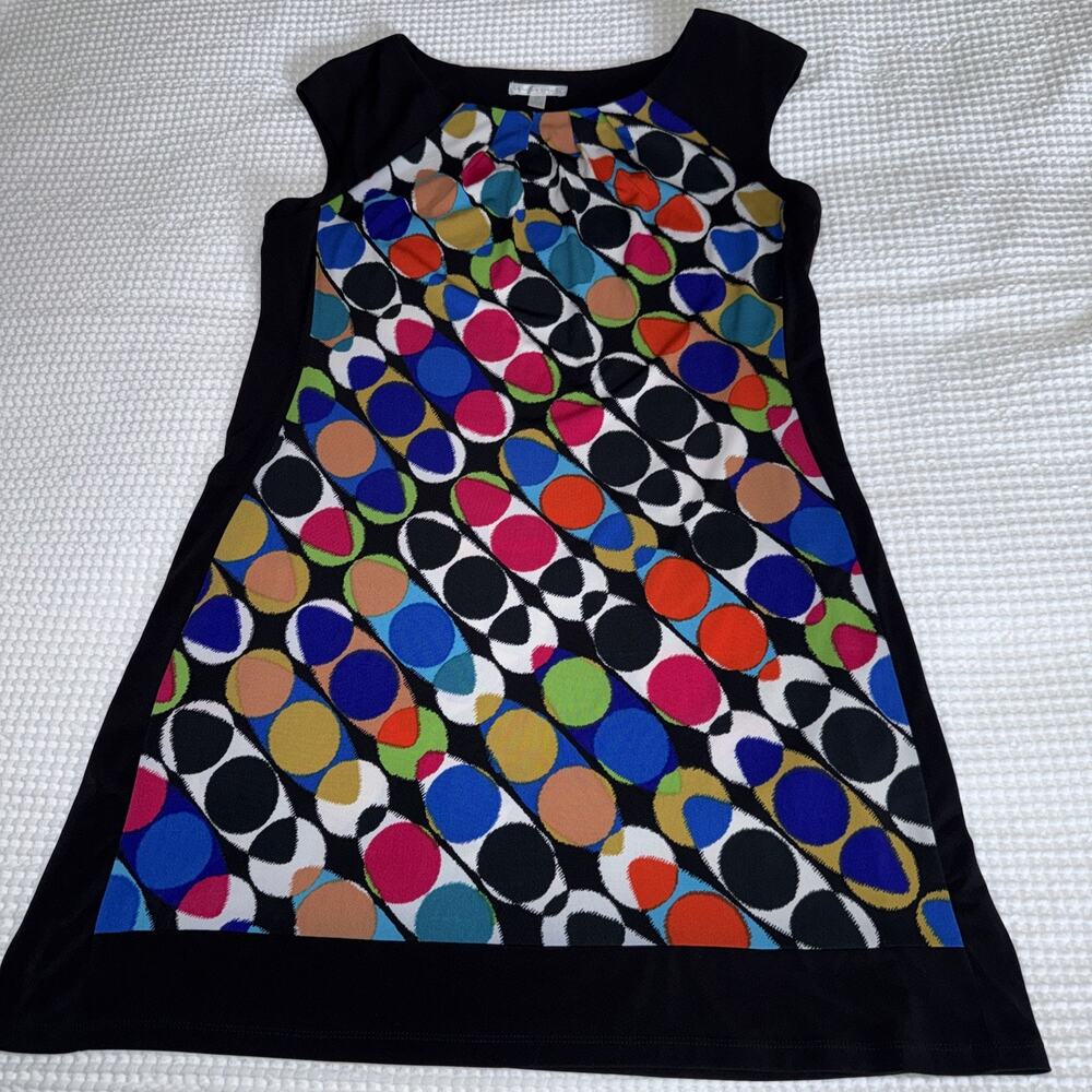 London Times Shift Dress Womens Sz 14 Black Colorful Dot Cap Sleeve Pleated EUC